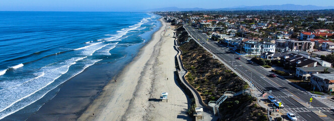 A Panoramic Drone UAV view of the Carlsbad State Beach, California, on a Beautiful Day
