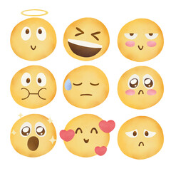 set of emoticon smile icons. Cartoon emoji set watercolor paint on white background