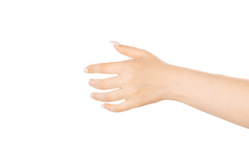 Open a black woman`s hand, palm up isolated on white background, protective arm. Front view. Mock up.