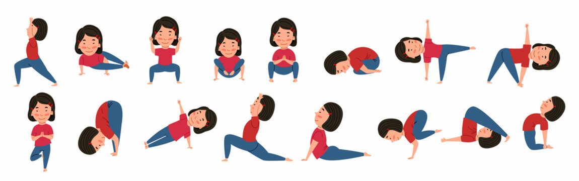 Set of poses for children s yoga. Asian girl is doing yoga. Children perform various sports exercises. Vector illustration in a flat style.