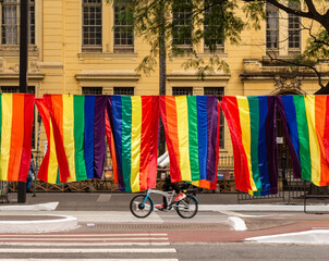 Rainbow flags hang on Avenida Paulista during the LGBT Pride Parade in São Paulo, Brazil.