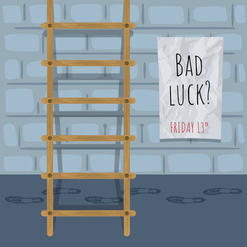 Wet Footprints Under A Wooden Ladder Bad Luck Friday Thirteen Vector