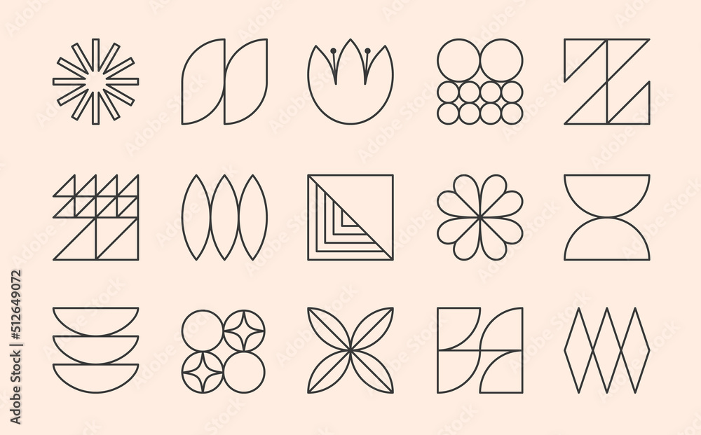 Wall mural vector set of bauhaus linear emblems or symbols.modern brutalist objects and elements in trendy swis
