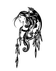 beautiful shaman woman with long hair, crescent moon and feathered decor - tribal night spirit concept black and white vector design