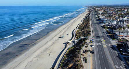 A Panoramic Aerial UAV Drone View of Carlsbad State Beach, California, in the Morning