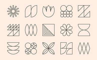 Vector set of bauhaus linear emblems or symbols.Modern brutalist objects and elements in trendy swiss aesthetic style.Abstract bold geometric forms for branding design,badges,stickers,logo templates.