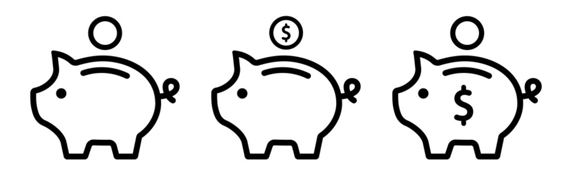 Piggy Bank Icon Set. Piggybank Saving Money Line Symbols Isolated. Vector Illustration