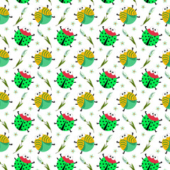 Pattern with yellow and green beetles. Vector illustration. For prints, covers and flyers, products for children, fabrics and packaging, various decor.