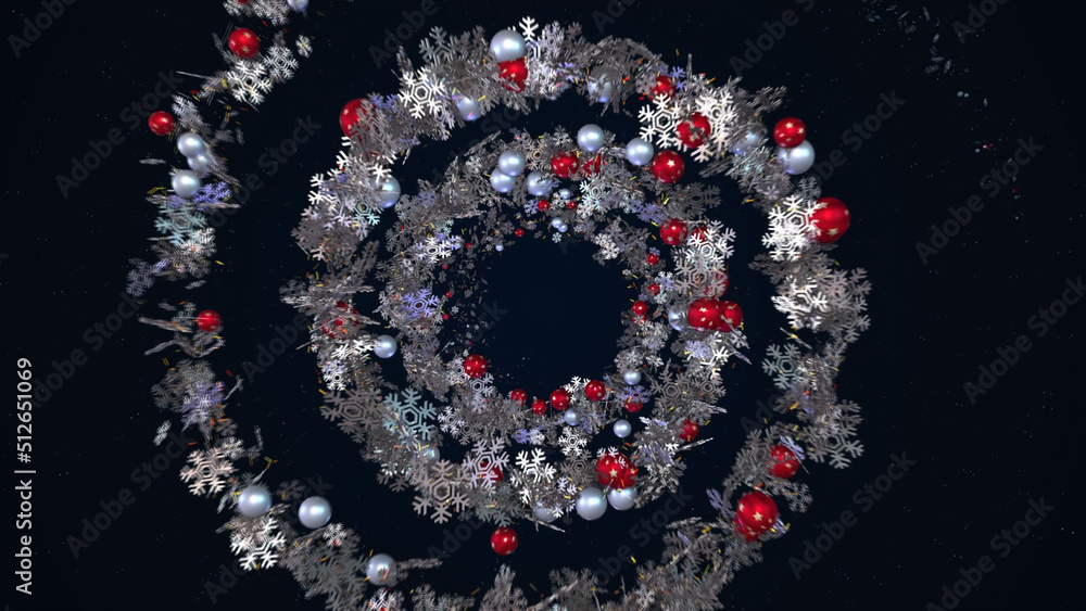 Poster amazing abstraction of the beautiful snowflakes decorated by multicolored shiny balls and rotating o
