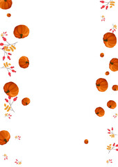 Yellow Rowan Background White Vector. Pumpkin Autumn. Orange Pattern Banner. Food Set. Green Leaves Decoration Illustration.