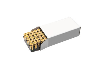 A box of cartridges for a pistol. Ammunition for weapons. Isolate on a white back. - obrazy, fototapety, plakaty