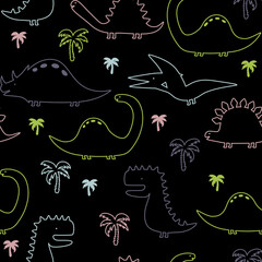 Vector children’s illustration, print, card with cute dinosaurs and palms tree. Seamless pattern.