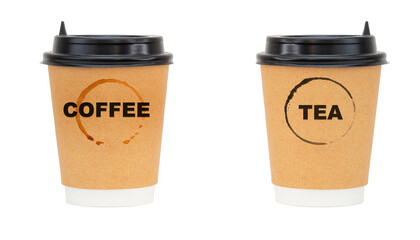 Coffee vs tea, two paper cups isolated on white