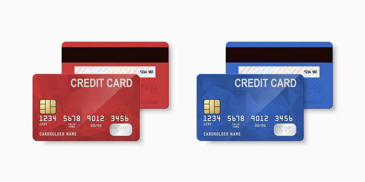 Vector 3d Realistic Red and Blue Blank Credit Card Isolated. Design Template of Plastic Credit or Debit Card for Mockup, Branding. Credit Card Payment Concept. Front, Back View, Side
