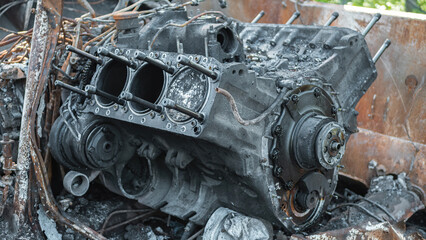 War in Ukraine, destroyed BMP, semi-disassembled BMP engine block