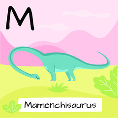 Mamenchisaurus dinosaur. Letter M. Children's alphabet education. Vector illustration of a prehistoric dinosaur.