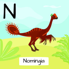 Nomingia dinosaur. Letter N. Children's alphabet education. Vector illustration of a prehistoric dinosaur.