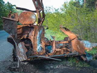 War in Ukraine, MTLB torn apart, destroyed by explosion, rear view