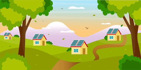 Beautiful landscape with houses and solar panels. Solar energy production vector concept illustration. Flat cartoon style.
