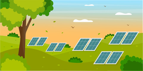 Beautiful landscape with solar panels. Solar energy vector concept illustration.