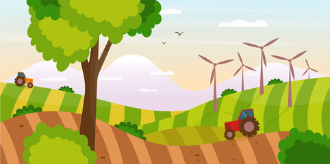 Tractors are working on agriculture fields with growing alternative fuel resources. Wind energy concept, rapeseed energy concept.