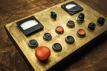 A large golden control panel with buttons on a wooden table. There are many buttons to control the devices.Vintage remote control.