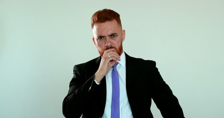 Business man eureka moment. Executive redhair insight idea. pensive thoughtful entrepreneur looking for idea decision