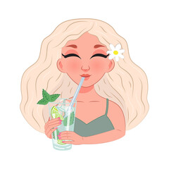 Summer vibe woman sticker. Drawing of a cute woman drinking a cocktail, mojito. Summer lifestyle concept. Decoration for daily planner, scrapbooking, banner, flyer, invitation, brochure, poster. 