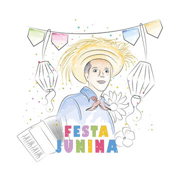 Watercolor boy cartoon with summer hat and ornaments Festa Junina Poster Vector