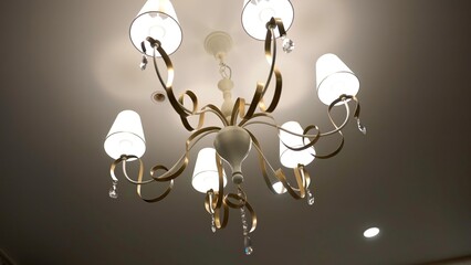 Luxury Chandelier. Close-up shot of modern lighting lamp with light bulbs on on a ceiling