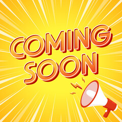 Coming soon with design. Vector illustration on yellow background.
