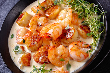 shrimps and scallops in spicy coconut cream sauce