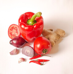 healthy vegetables pepper, tomato, onion, ginger, chilli and garlic