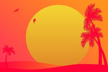Fototapeta na wymiar Summer minimal background with sunset beach, palms silhouette. Vector south landscape for discount flyer, vacation promotion, web banner and poster design. Holiday, vacance, rest, tourism background