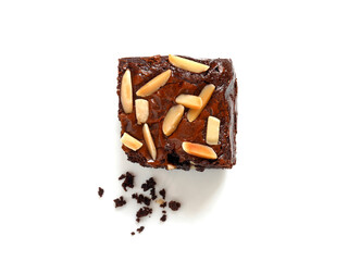 Homemade chocolate brownie topped with almond