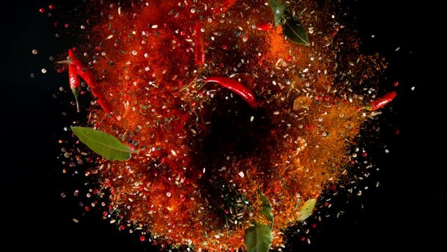 Super slow motion of rotating spices mix on black background. Ultimate realistic twister motion, studio shot. Filmed on high speed cinema camera, 1000 fps