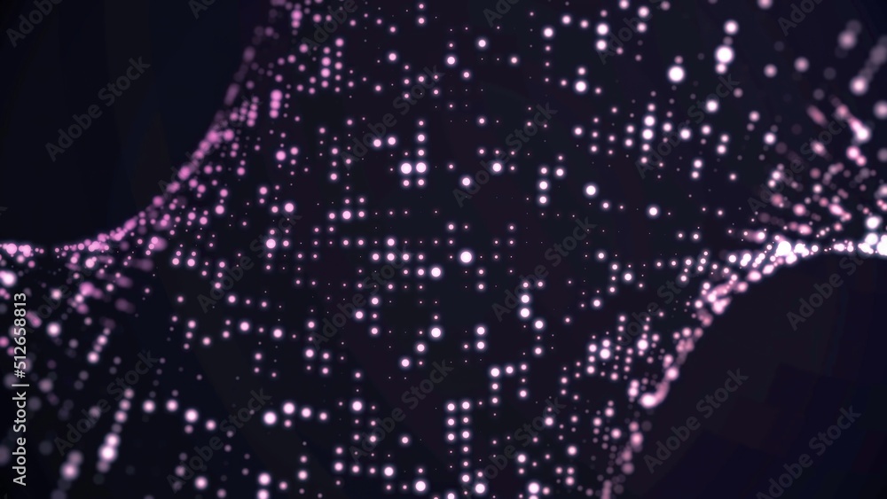 Poster moving particle animation background. flowing light dots on purple background. concept of space