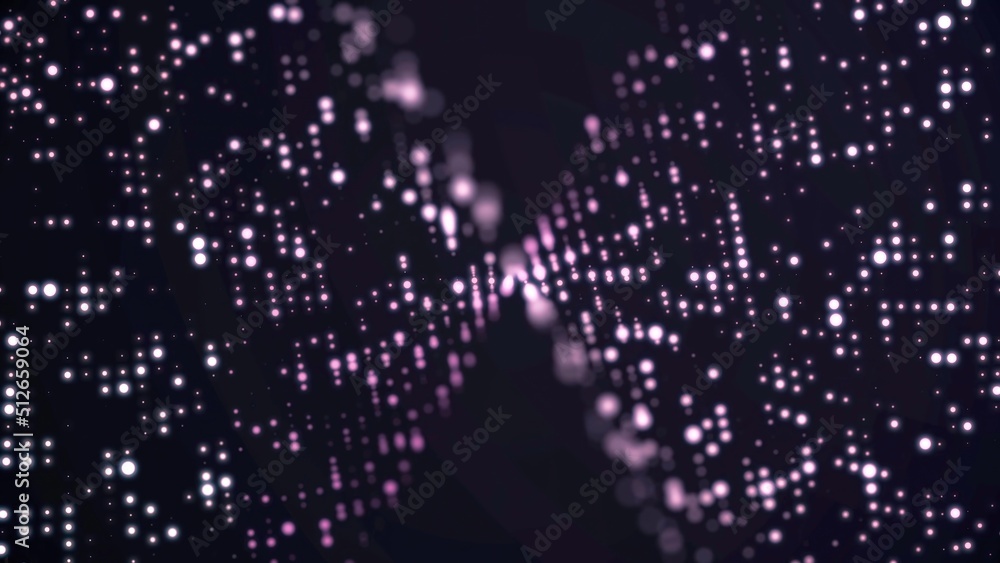 Poster moving particle animation background. flowing light dots on purple background. concept of space