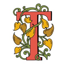 Letters T Drop Caps. Vector hand-drawing color letter. Fabulous ornament