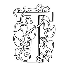 Letters T Drop Caps. Vector hand-drawing letter. Fabulous ornament