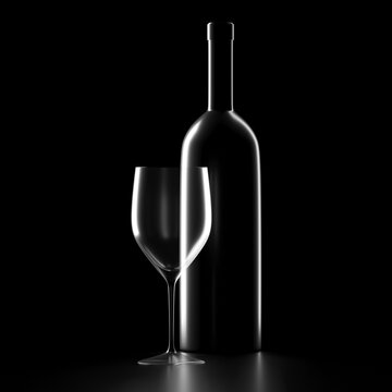 wineglass and empty bottle with backlight on black background