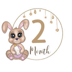 Cute baby girl bunny with milk bottle. Hand drawn watercolor rabbit. Baby milestone. Monthly growth card. Isolated on white background. Design for baby growth, nursery room decor, baby shower.
