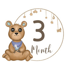 Cute baby bear boy with nipple. Hand drawn watercolor bear. Baby milestone. Monthly growth card. Isolated on white background. Design for baby growth, nursery room decor, baby shower.