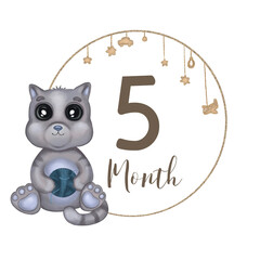 Cute kitten boy with knitting ball. Hand drawn watercolor baby cat. Baby milestone. Monthly growth card. Isolated on white background. Design for baby growth, nursery room decor, baby shower.