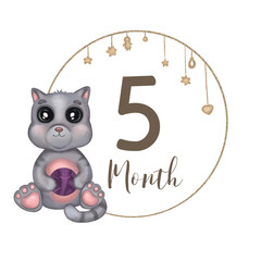 Cute kitten girl with knitting ball. Hand drawn watercolor baby cat. Baby milestone. Monthly growth card. Isolated on white background. Design for baby growth, nursery room decor, baby shower.