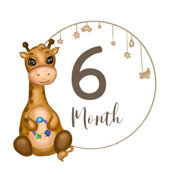 Cute baby boy giraffe with rattle. Hand drawn watercolor giraffe. Baby milestone. Monthly growth card. Isolated on white background. Design for baby growth, nursery room decor, baby shower.