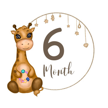 Cute baby girl giraffe with rattle. Hand drawn watercolor giraffe. Baby milestone. Monthly growth card. Isolated on white background. Design for baby growth, nursery room decor, baby shower.
