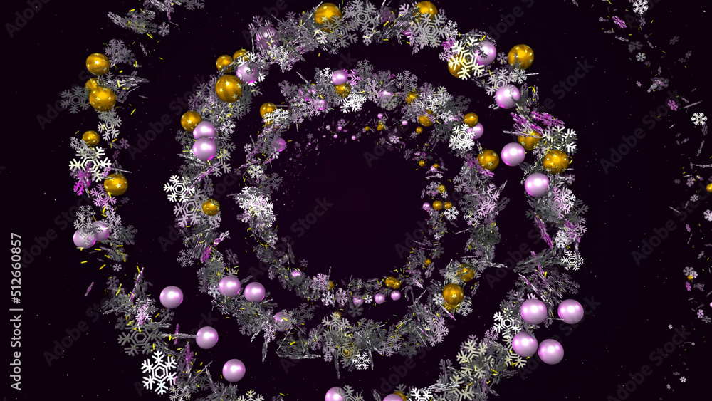 Poster amazing abstraction of the beautiful snowflakes decorated by multicolored shiny balls and rotating o