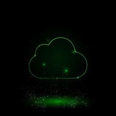A large green outline cloud symbol on the center. Green Neon style. Neon color with shiny stars. Vector illustration on black background