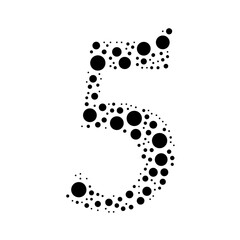 A large number five symbol in the center made in pointillism style. The center symbol is filled with black circles of various sizes. Vector illustration on white background